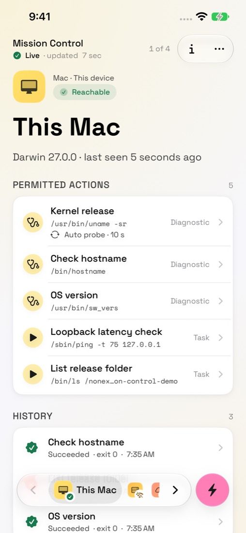 iPhone screenshot: the This Mac page, marked Reachable, listing five saved actions with their exact commands and a history of three that succeeded.